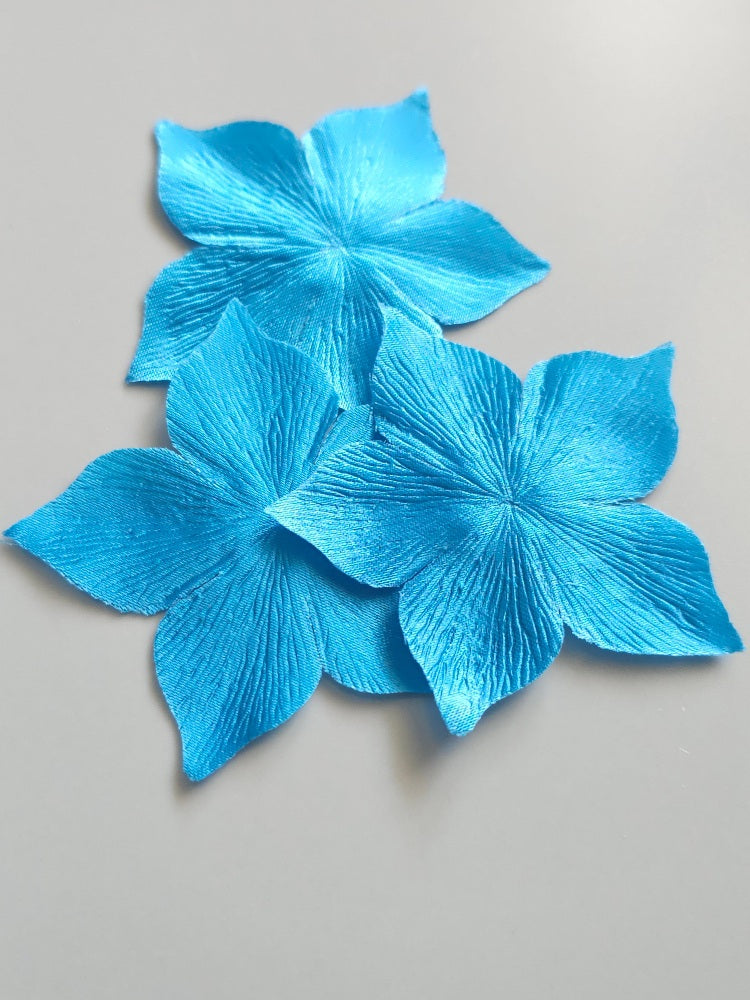 3 fleurs en satin de soie bleu turquoise pour bijoux mariage, scrapbooking, carterie, couture